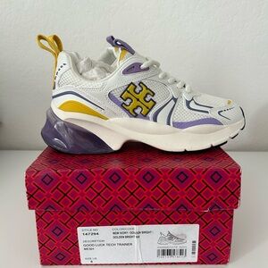Brand new size 6 Tory Burch Good Luck Tech Trainer Sneakers White Purple golden